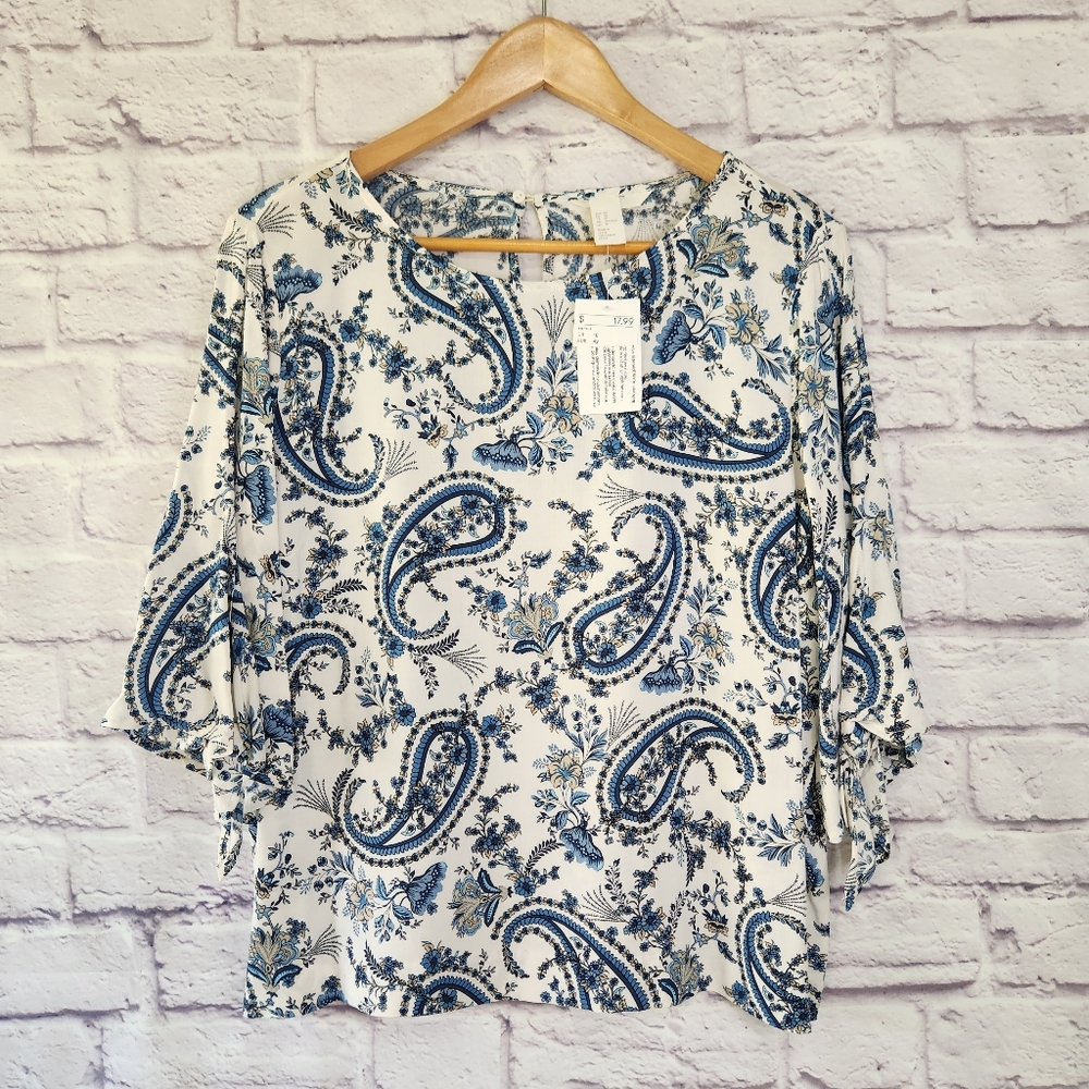 H&M NWT Tie-sleeve blouse White & Blue Paisley Floral Print Sz US 10